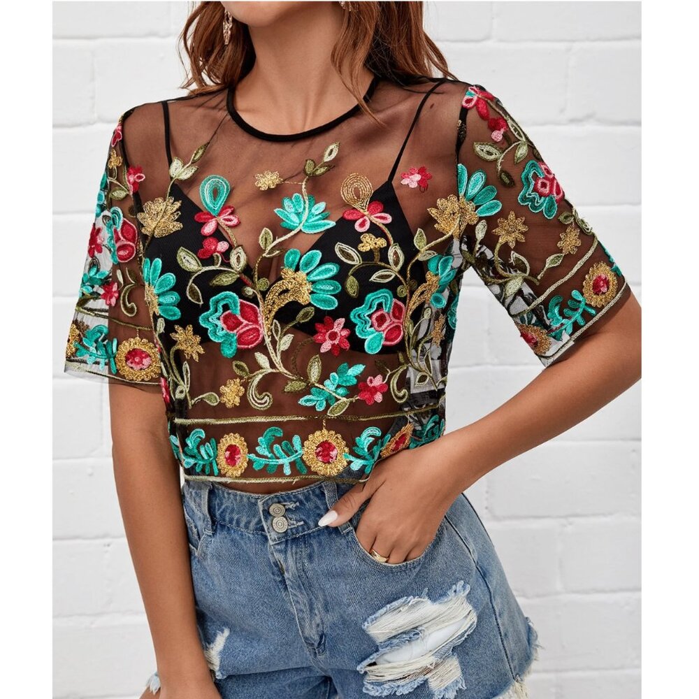 Shein Embroidered Floral Leaf Sheer Black Mesh Crop Top Boho Festival - Picture 4 of 11